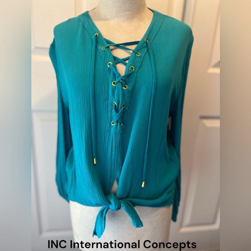 INC International Concepts Women's Lace-Up Tie-Front Top - Clean Marine